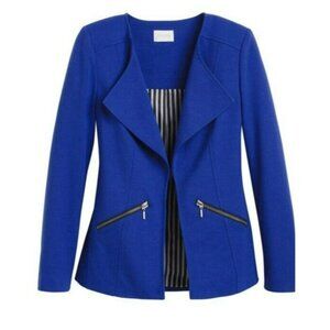 Chicos Knit Moto Jacket Solid Blue Large Lined Ponte Zipped Pockets Open Women's